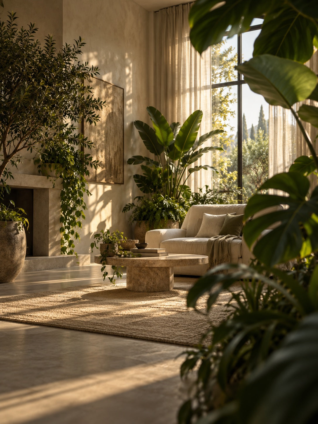 Layered greenery, warm stone and linen in a softly sunlit interior